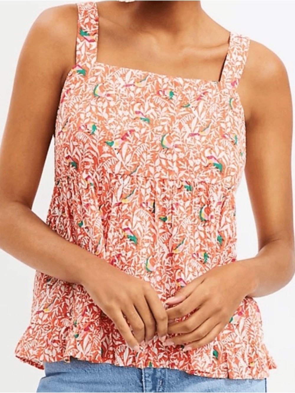 LOFT Tropical Bird Floral Peplum Tie Back Tank Blouse Women’s 8 Travel Resort